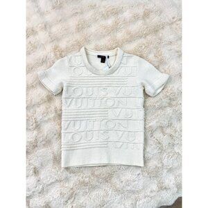 Louis Vuitton White Embossed Logo Short-Sleeve Knit Wool Top Size S Made In Ital